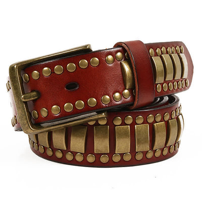 Men's Antique Gold Round Square Rivets Leather Belt