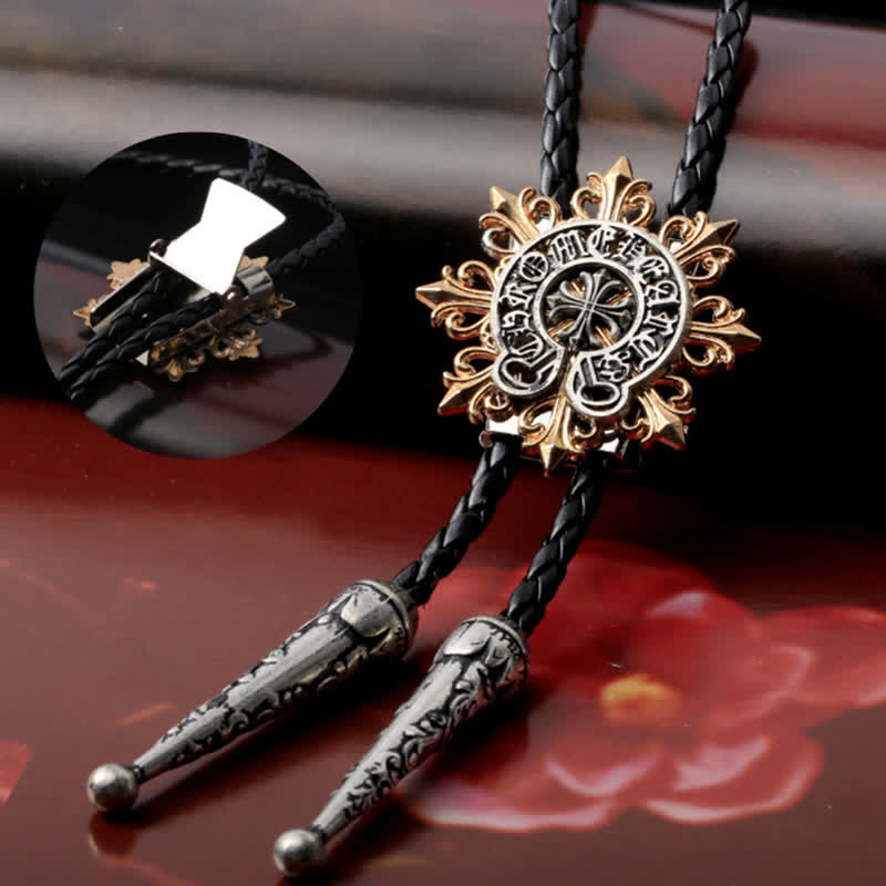 Silver & Gold Retro Cross Octagram Bolo Tie