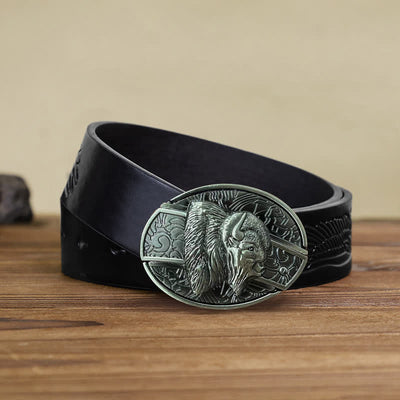 Men's DIY Bison Hidden Folding Knife Leather Belt