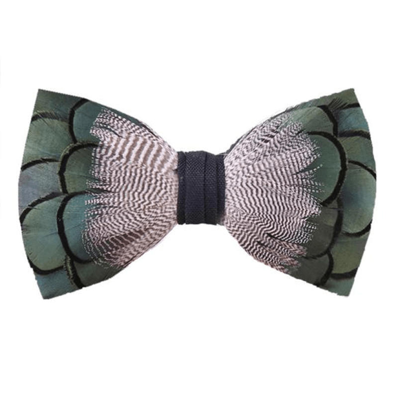 Green & White Mallard Duck Feather Bow Tie with Lapel Pin