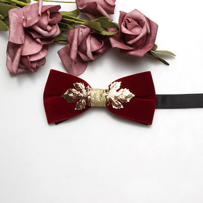 Men's Red Velvet Gold Tone Metal Flower Bow Tie