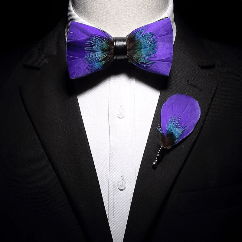 Royalty Purple & Teal Feather Bow Tie with Lapel Pin