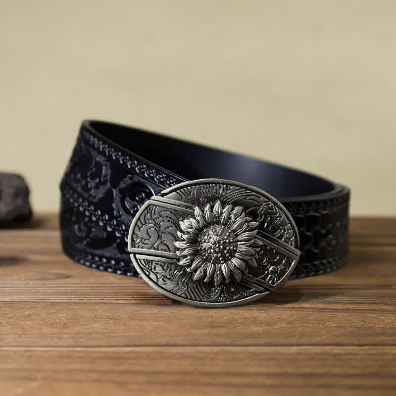 Men's DIY Sunflower Hidden Folding Knife Leather Belt