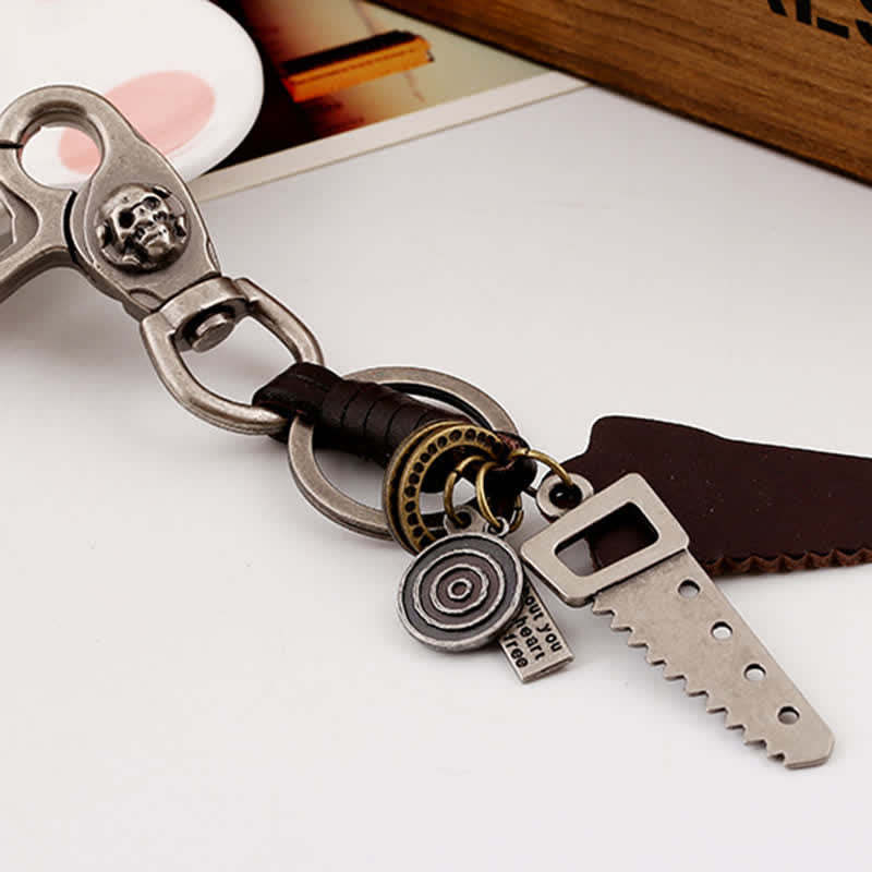 Creative Saw Carved Skull Leather Keychain