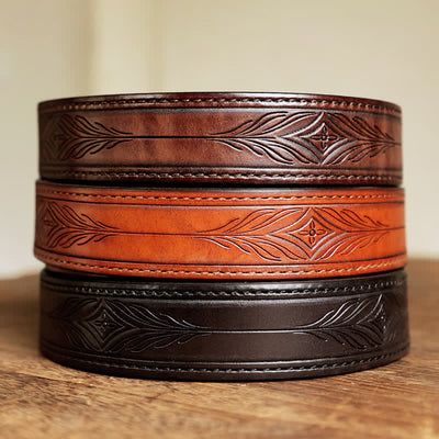 Men's Embossed Flower Leaves Engraved Leather Belt