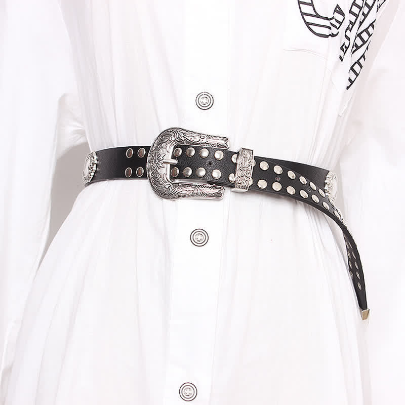 Women's Edgy Silver Rivets Carved Floral Leather Belt