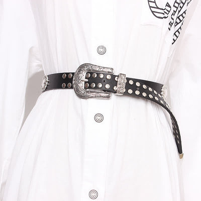 Women's Edgy Silver Rivets Carved Floral Leather Belt