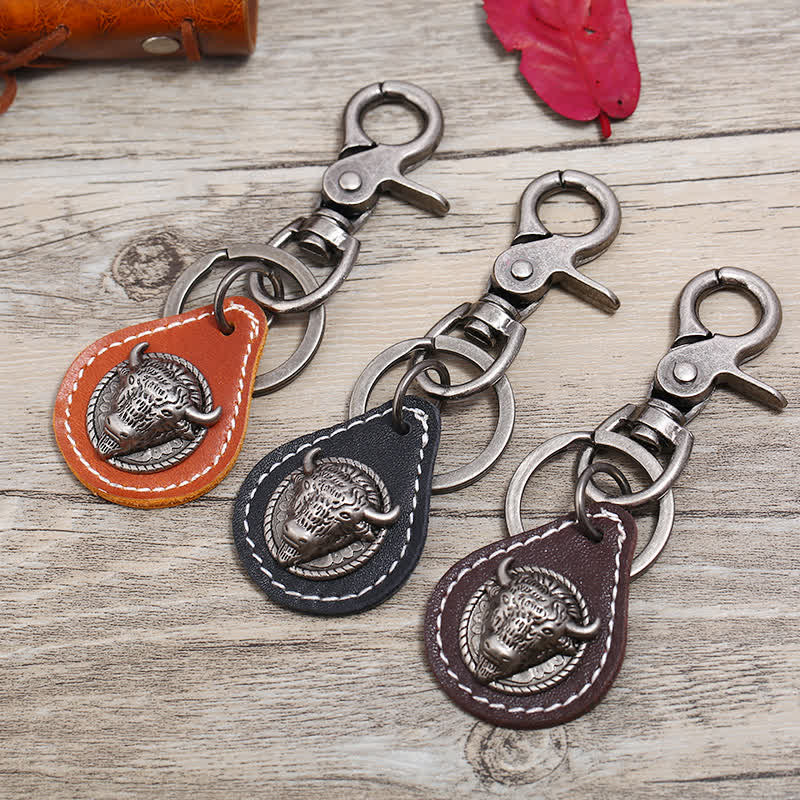 Punk Rock Bull Head Stitched Leather Keychain