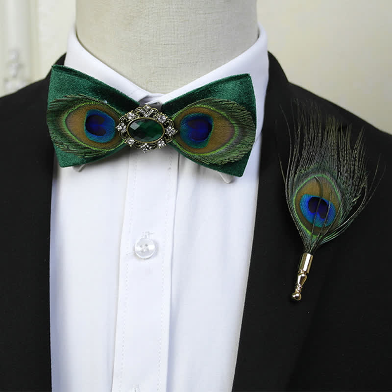 Green Peacock Crystal Feather Bow Tie