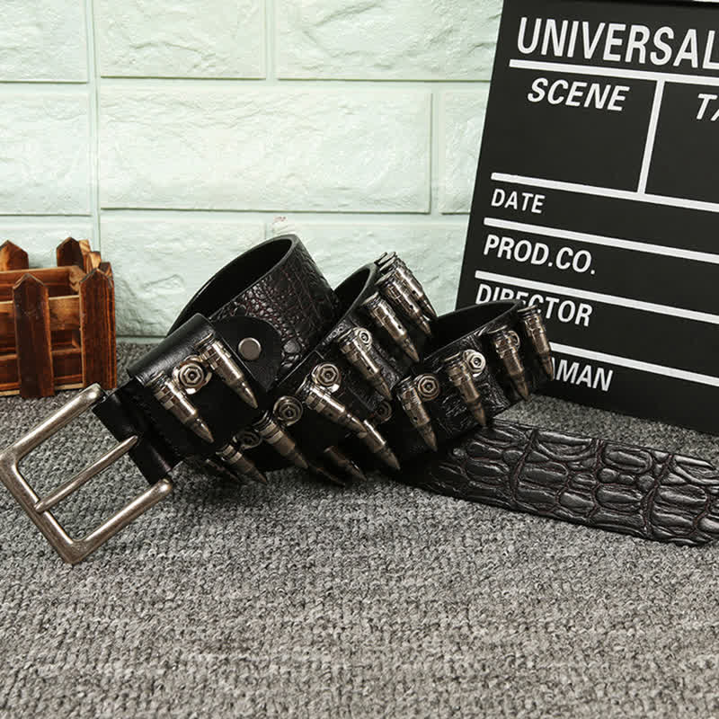Men's Decorative Bullet Rivets Crocodile Pattern Leather Belt