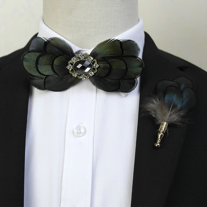 Dark Green Stunning Crystal Feather Bow Tie