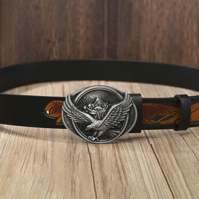 Men's Novelty Flying Eagle Buckle Carved Pattern Leather Belt