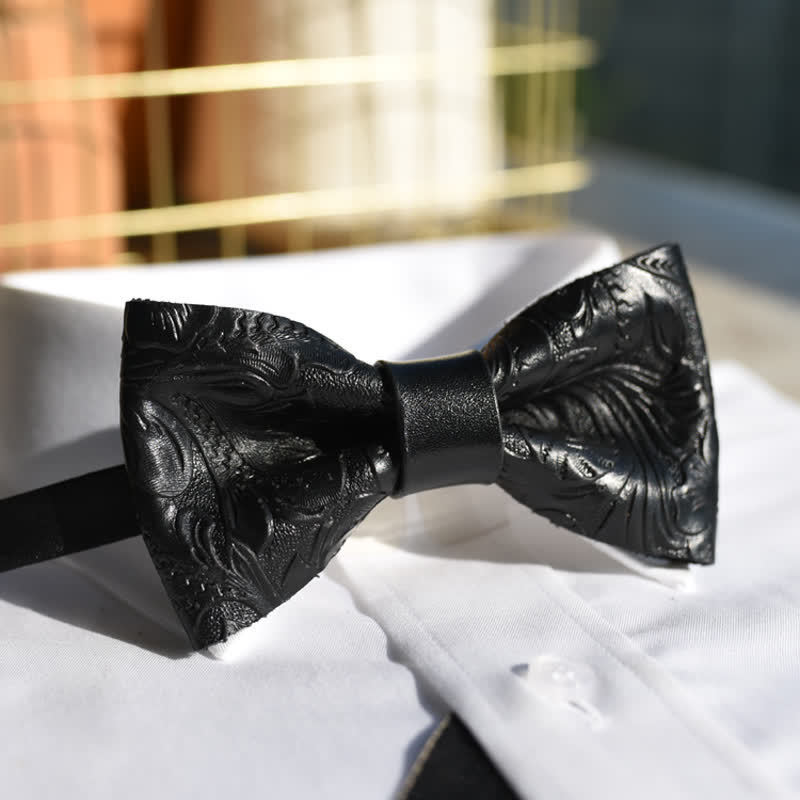 Men's Embossed Pleated Pattern Black Leather Bow Tie