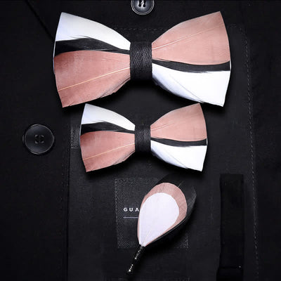 Pale Pink & White Wavy Feather Bow Tie with Lapel Pin