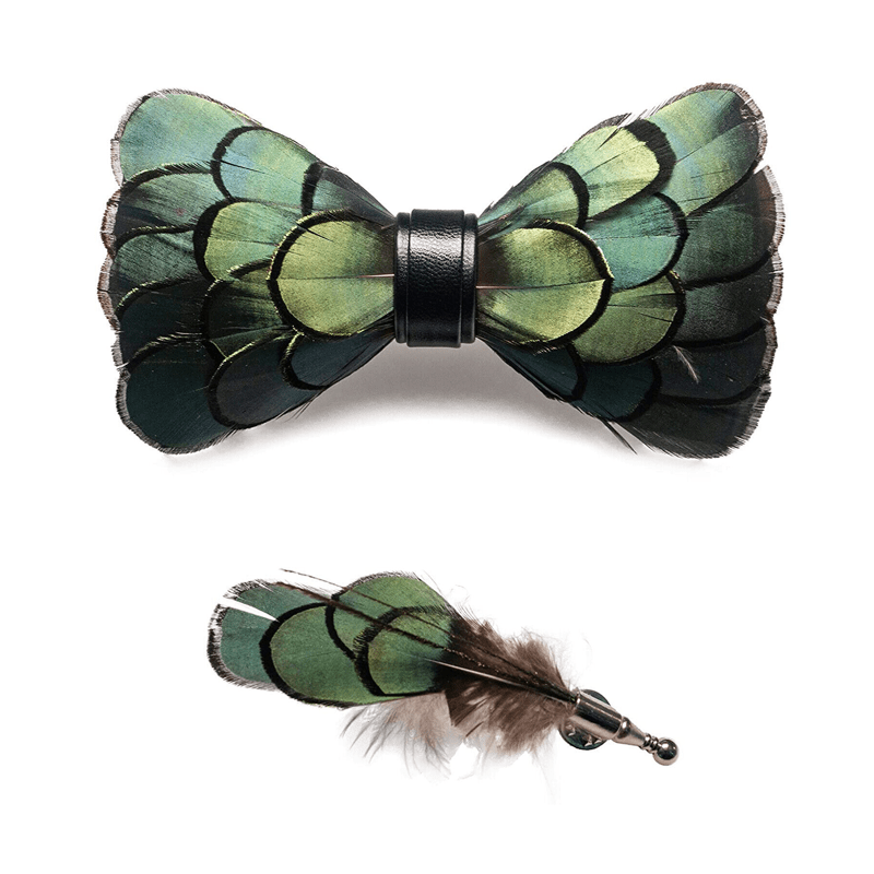 DarkOliveGreen Classic Feather Bow Tie with Lapel Pin