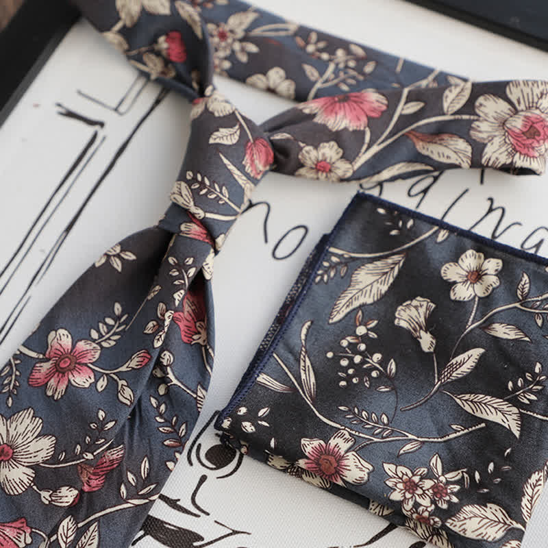 2Pcs Men's Floral Pattern Navy Personality Necktie Set