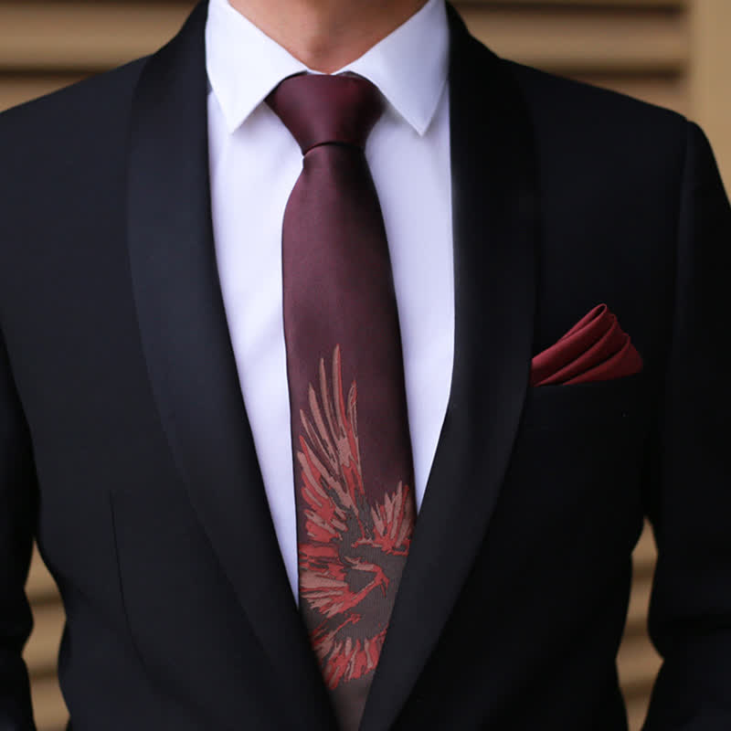 Men's Flying Phoenix Pattern Burgundy Necktie