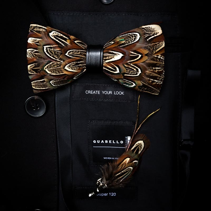 Brown Pheasant Feather Bow Tie with Lapel Pin