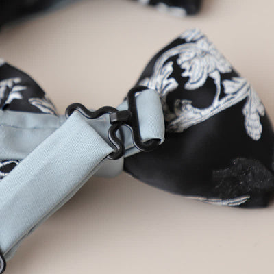 Men's Black & White Floral Embroidery Bow Tie