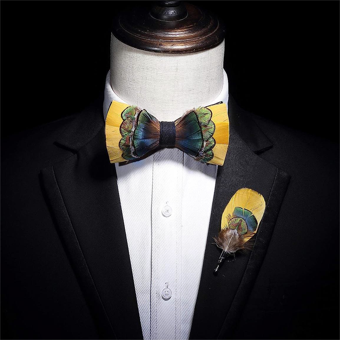 Kid's Bright Yellow & Green Peacock Feather Bow Tie with Lapel Pin