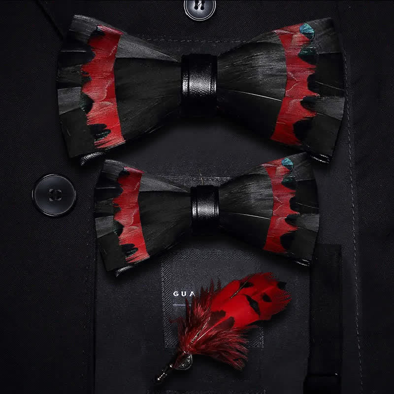 Black & Red Swan Feather Bow Tie with Lapel Pin
