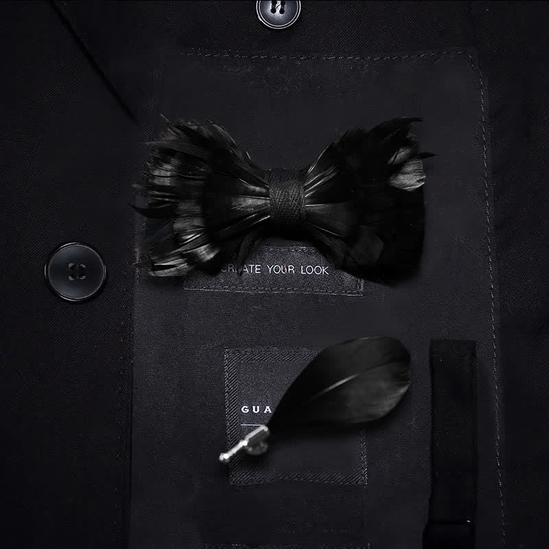 Kid's Solid Black Feather Bow Tie with Lapel Pin