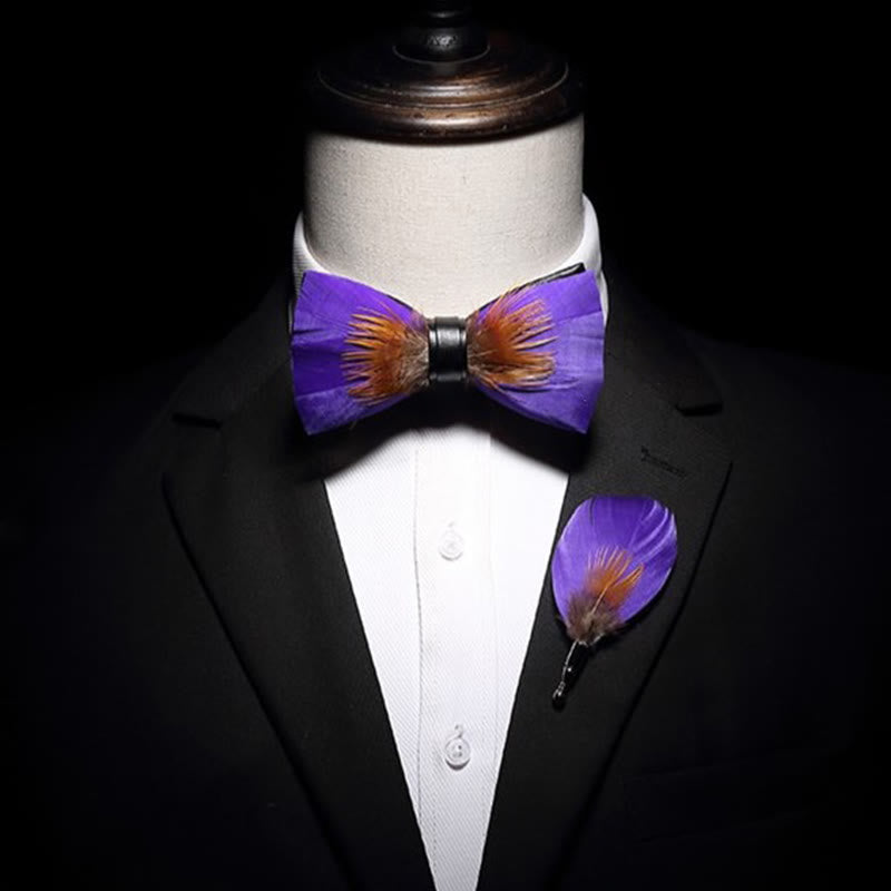 Kid's Purple & Orange Embellished Feather Bow Tie with Lapel Pin
