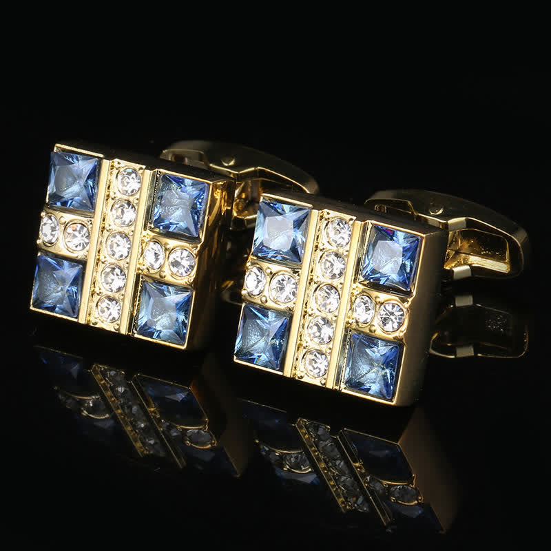 Men's Blue Crystal Rhinestone Gold Cufflinks