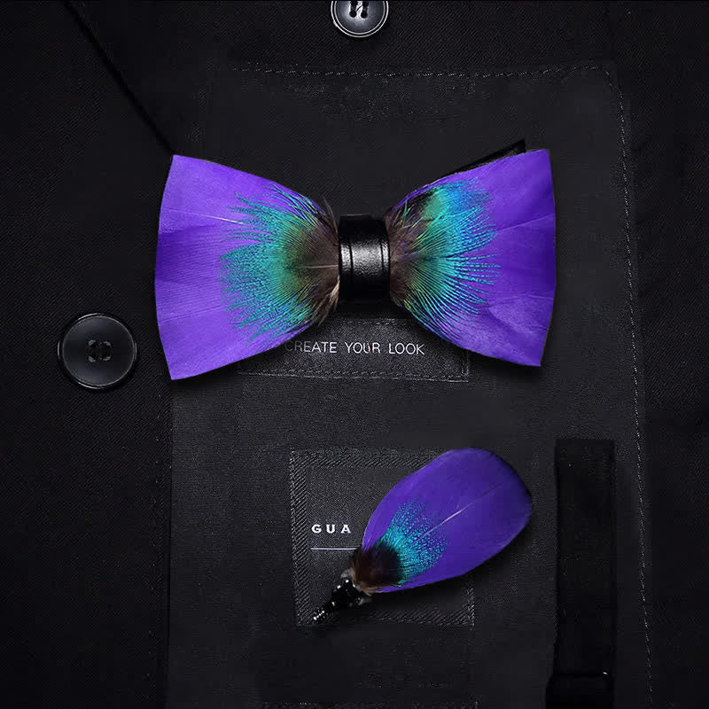 Royalty Purple & Teal Feather Bow Tie with Lapel Pin