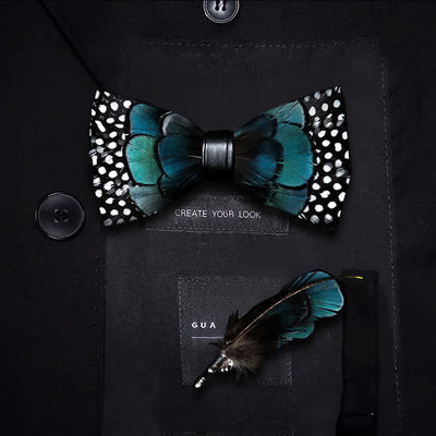Turquoise & Black Feather Bow Tie with Lapel Pin