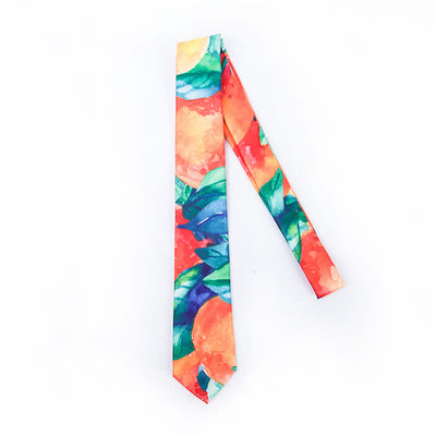 Men's Orange Green Leaves Art Printed Necktie