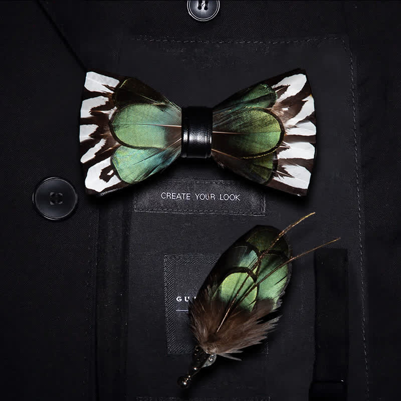 Kid's ForestGreen & White Feather Bow Tie with Lapel Pin