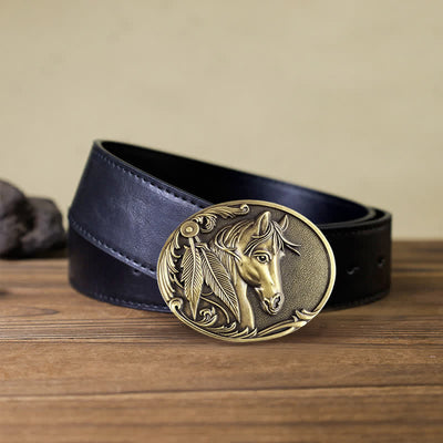 Men's DIY Bronze Horse Buckle Leather Belt