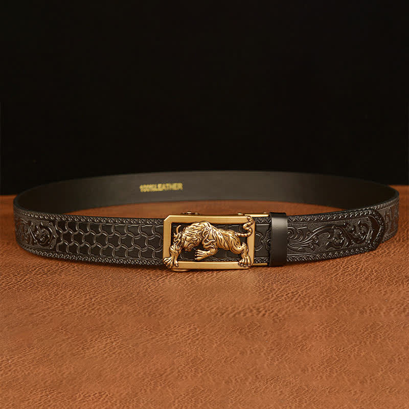 Men's Tiger Buckle Floral Embossed Leather Belt