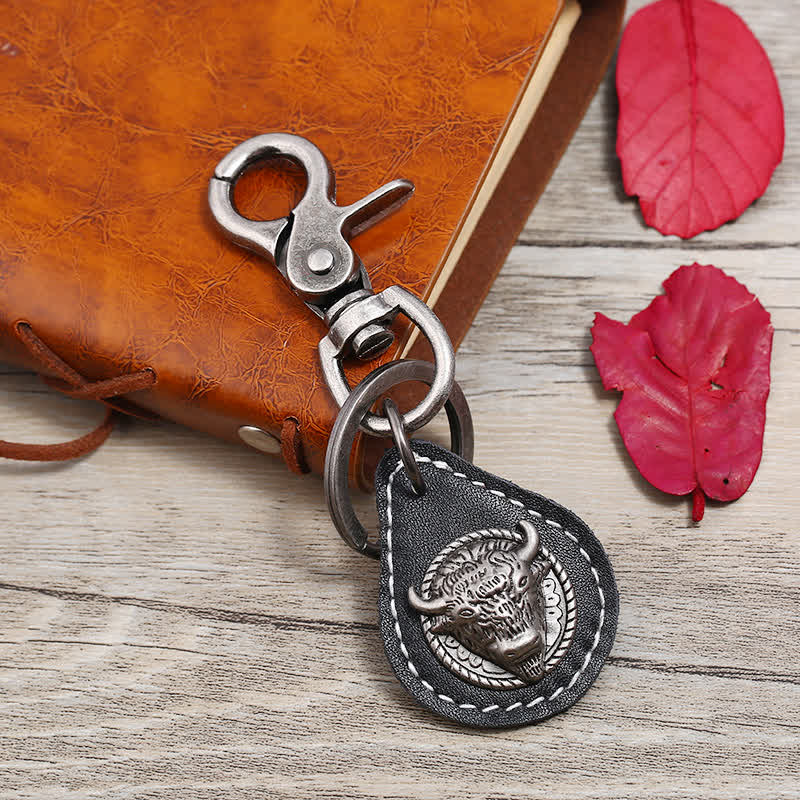 Punk Rock Bull Head Stitched Leather Keychain