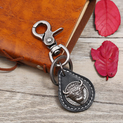 Punk Rock Bull Head Stitched Leather Keychain