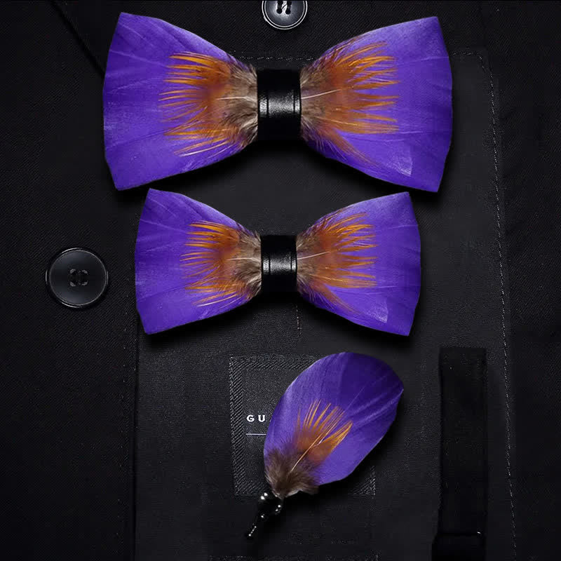 Purple & Orange Embellished Feather Bow Tie with Lapel Pin