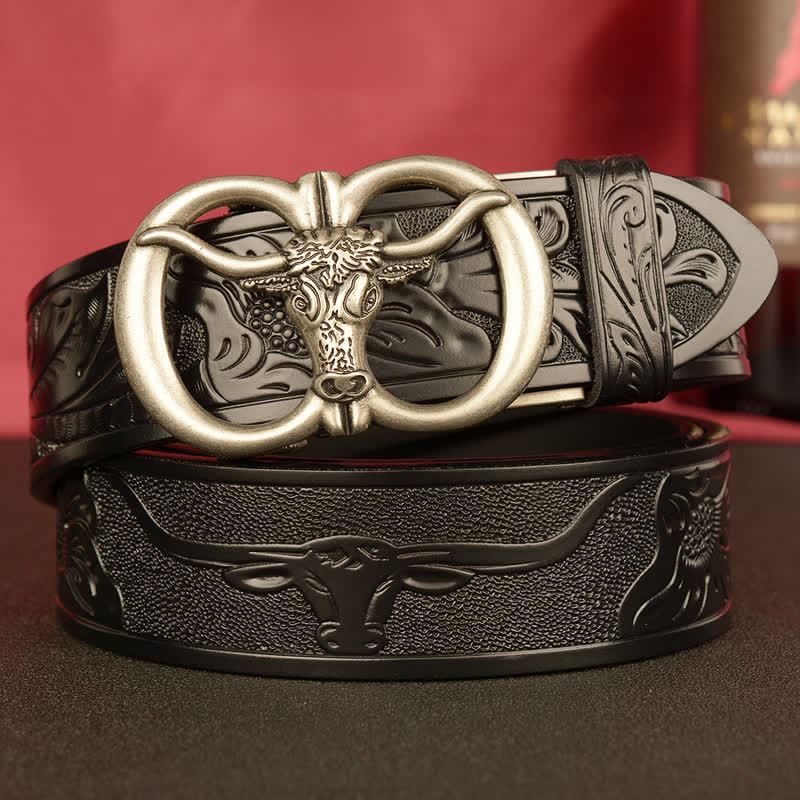 Men's Double Ring Bull Automatic Buckle Leather Belt