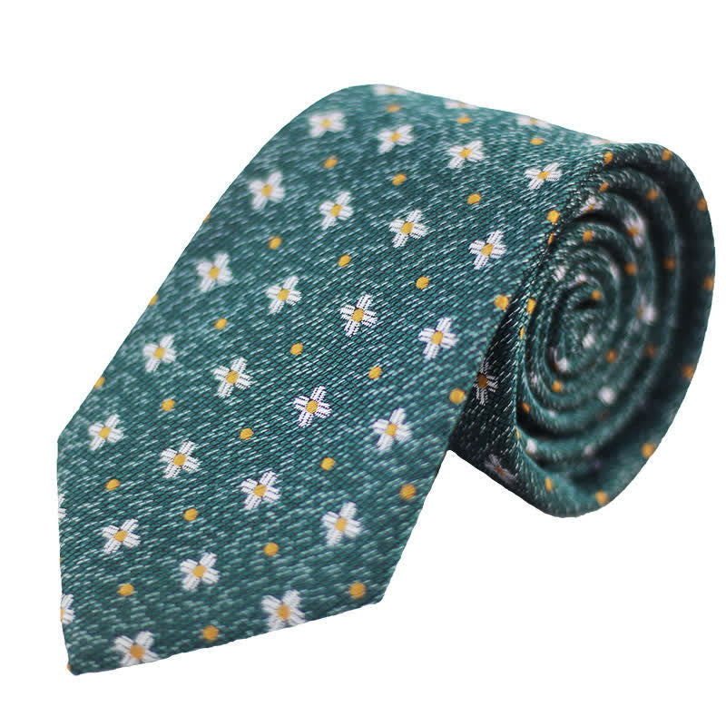 Men's Dark Green Daisy Polka Dot Floral Necktie