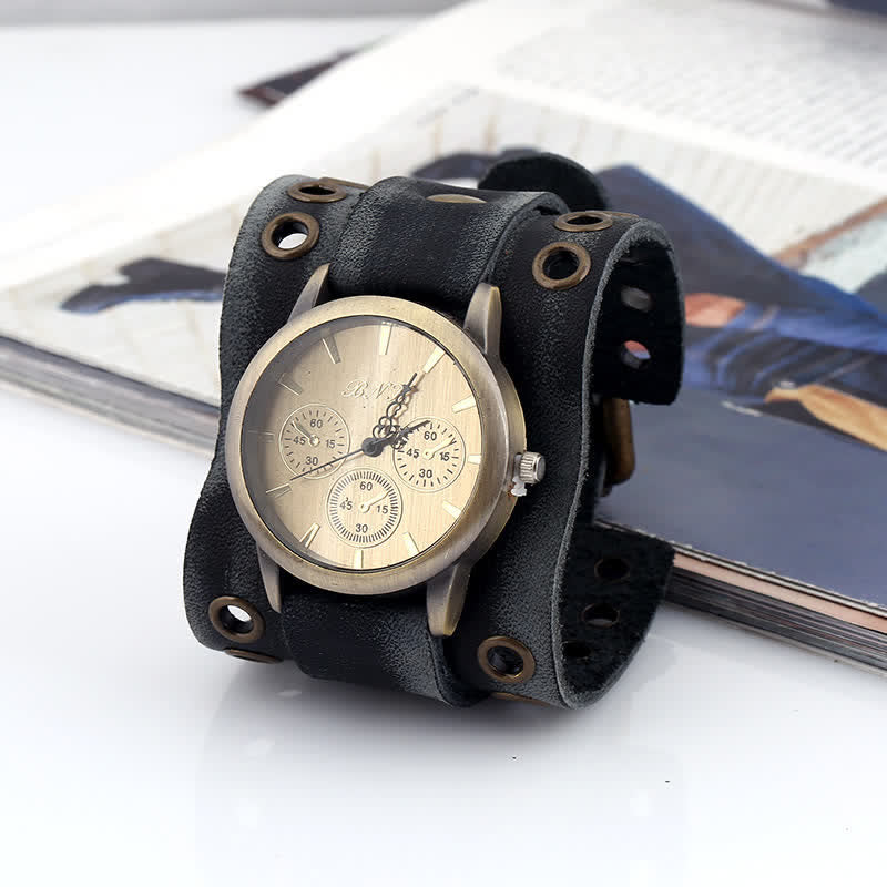 Men's Vintage Black Wide Cuff Leather Watch