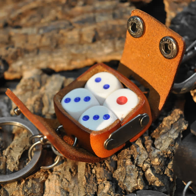 Vintage Mini Dice Case Design Leather Keychain