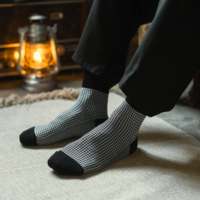 Men's Black Leisure Lattice Striped Crew Socks