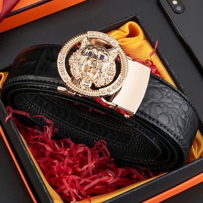 Men's Round Wolf Rhinestone Automatic Buckle Leather Belt