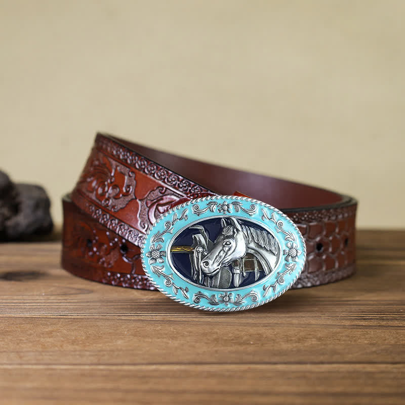 Men's DIY Horse Head Saddle Enameled Buckle Leather Belt