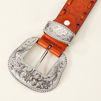 Orange Weave Silver Carved Flower Buckle Leather Belt