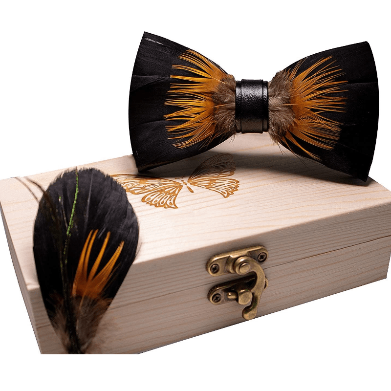 Kid's Orange & Black Sunflower Feather Bow Tie with Lapel Pin