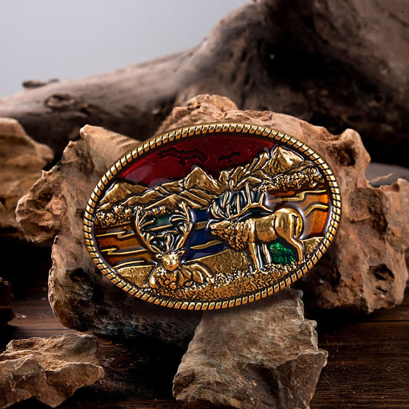 Men's DIY Enamel Wild Deer Buckle Leather Belt