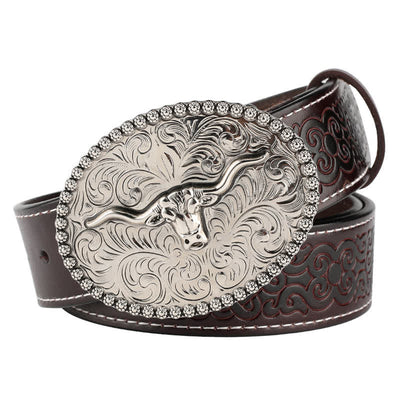 Men's Engarved Feather Bull Jeans Leather Belt