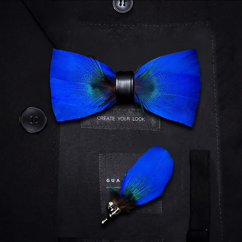 Oxford Blue Peacock Feather Bow Tie with Lapel Pin