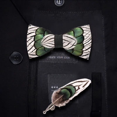 Green & White Forest Feather Bow Tie with Lapel Pin